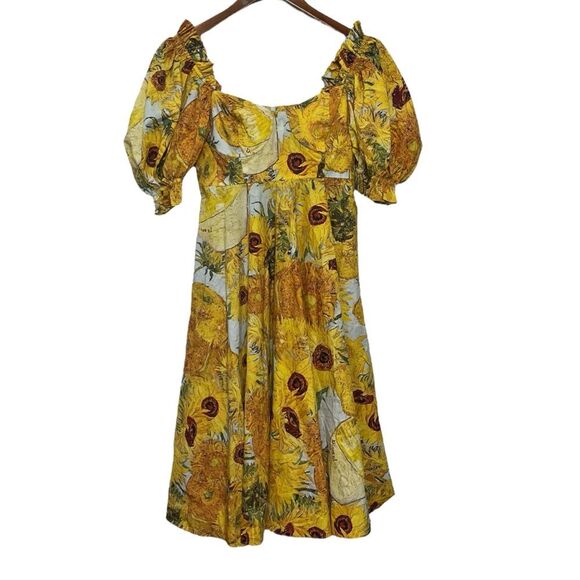 Selkie Tea Rose Dress Women’s Small Yellow Sunflower Cotton Puff Sleeve Midi - Picture 5 of 15